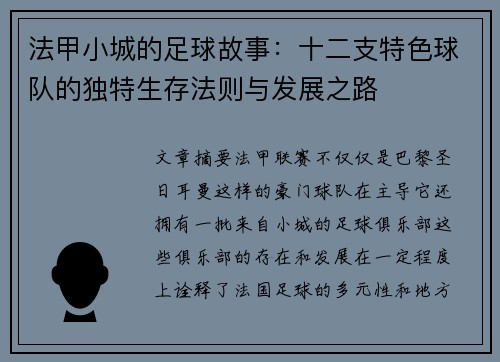 法甲小城的足球故事：十二支特色球队的独特生存法则与发展之路