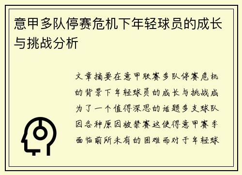意甲多队停赛危机下年轻球员的成长与挑战分析
