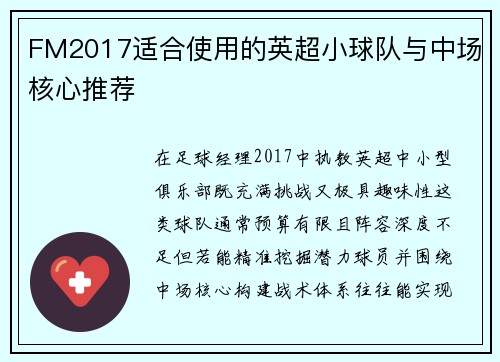 FM2017适合使用的英超小球队与中场核心推荐