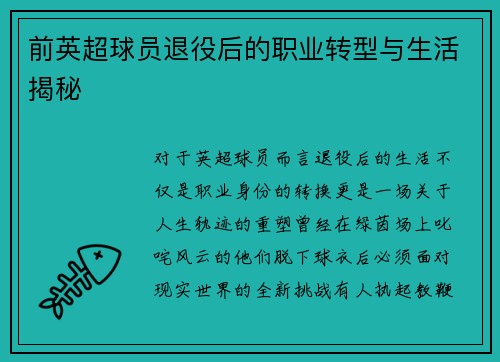 前英超球员退役后的职业转型与生活揭秘