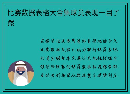 比赛数据表格大合集球员表现一目了然