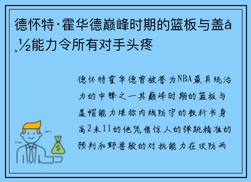 德怀特·霍华德巅峰时期的篮板与盖帽能力令所有对手头疼